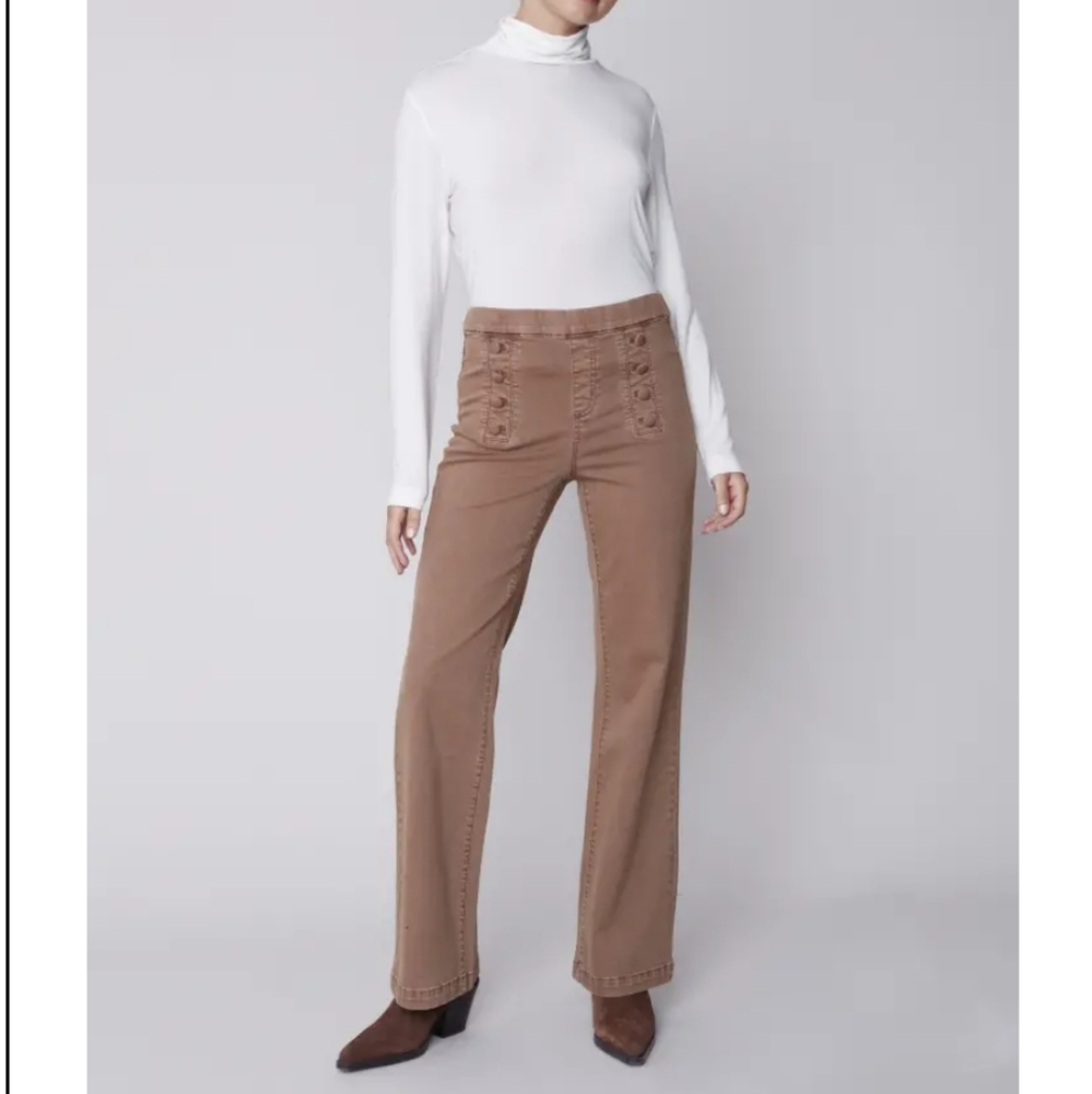 NWT Charlie B Sailor Marine Flare Pull-on High Waist Pants Front Buttons Brown 0